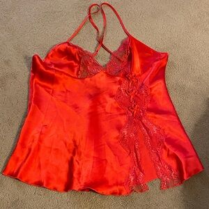 ***VINTAGE*** SHIRLEY OF HOLLYWOOD RED SATINY LINGERIE W/LACE DETAIL‎ SIZE L